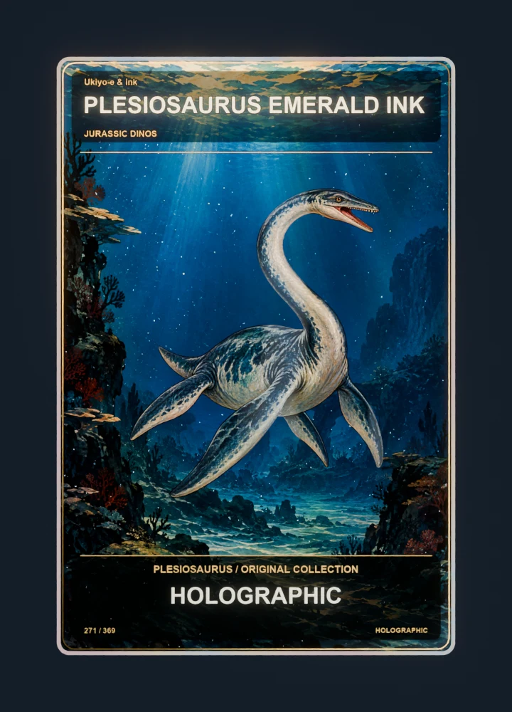 Plesiosaurus ukiyo-e & ink collectible card with holographic foil