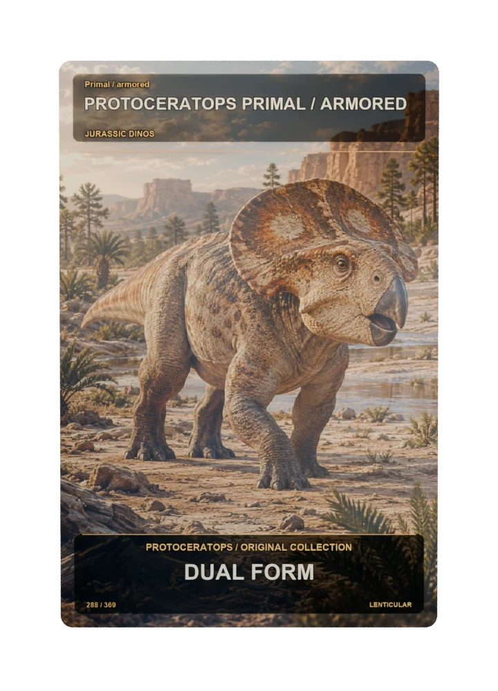 Protoceratops primal / armored collectible card with two angle-dependent artwork states