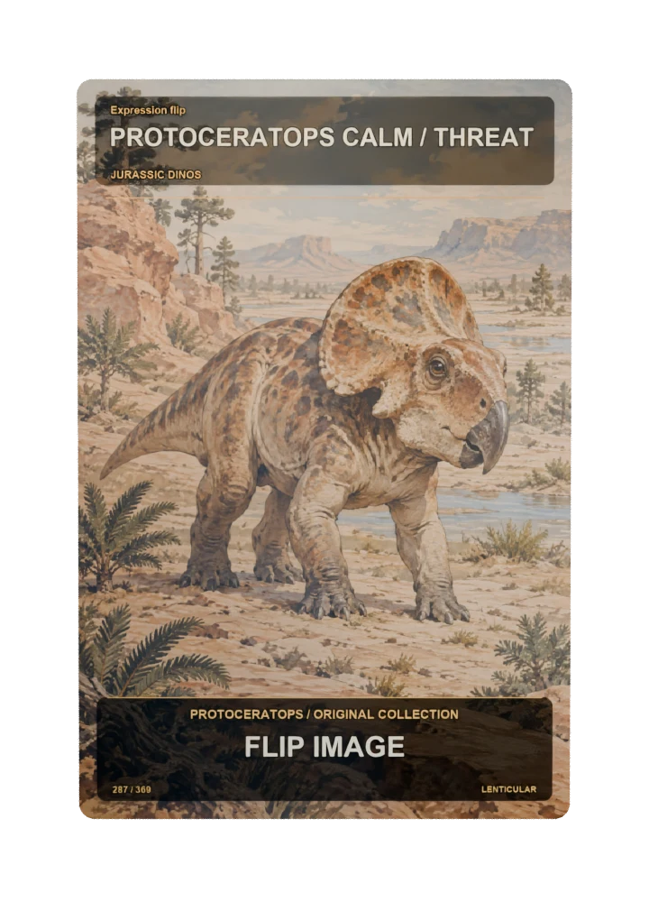 Protoceratops expression flip collectible card with two angle-dependent artwork states