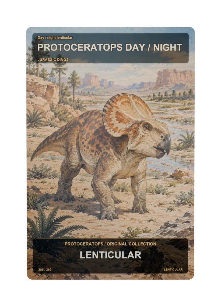 Protoceratops day / night lenticular collectible card with two angle-dependent artwork states