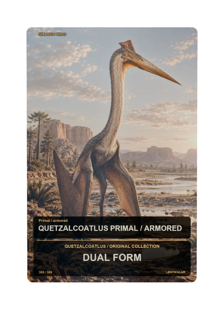Quetzalcoatlus primal / armored collectible card with two angle-dependent artwork states
