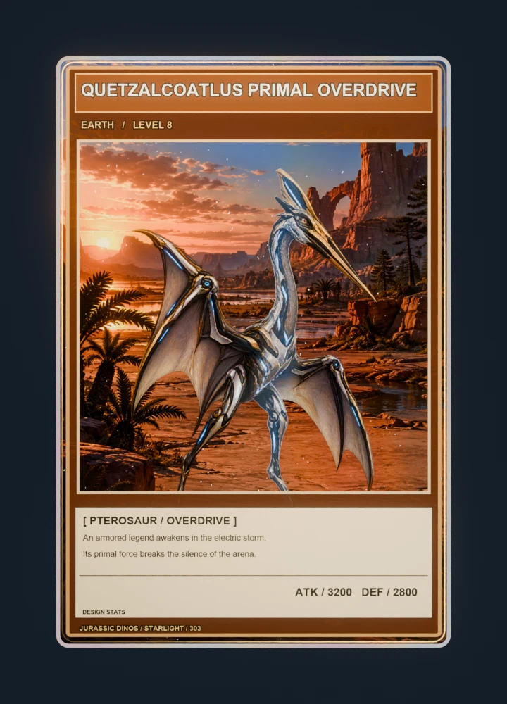 Quetzalcoatlus anime battle collectible card with holographic foil