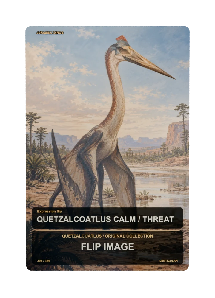 Quetzalcoatlus expression flip collectible card with two angle-dependent artwork states