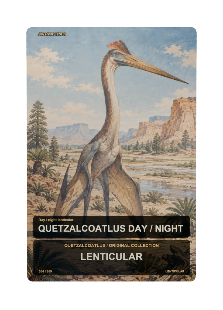 Quetzalcoatlus day / night lenticular collectible card with two angle-dependent artwork states