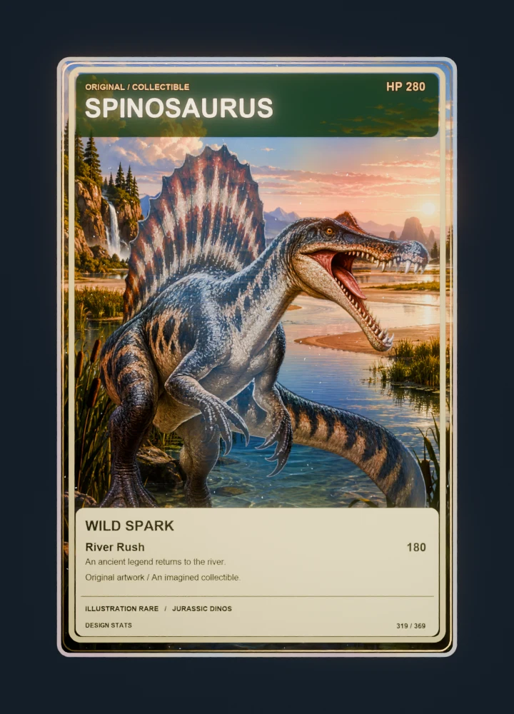 Spinosaurus full-art collection collectible card with holographic foil