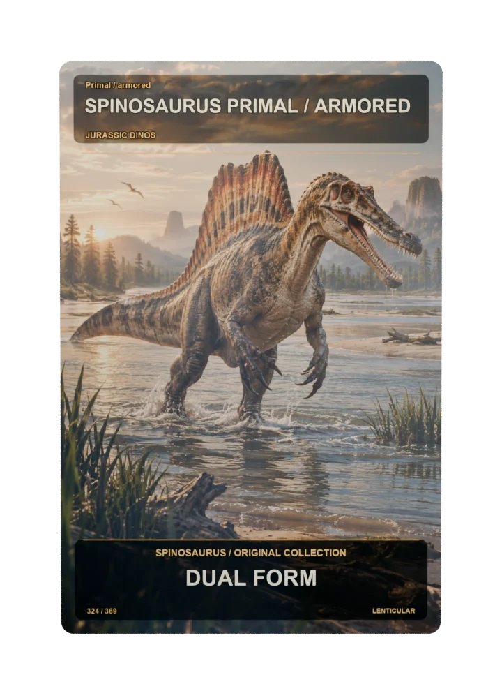 Spinosaurus primal / armored collectible card with two angle-dependent artwork states