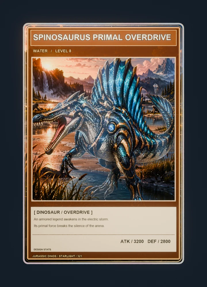 Spinosaurus anime battle collectible card with holographic foil