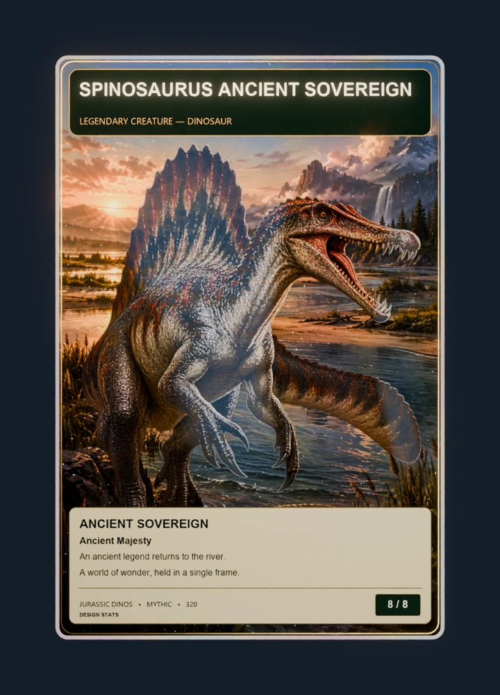 Spinosaurus fantasy oil painting collectible card with holographic foil