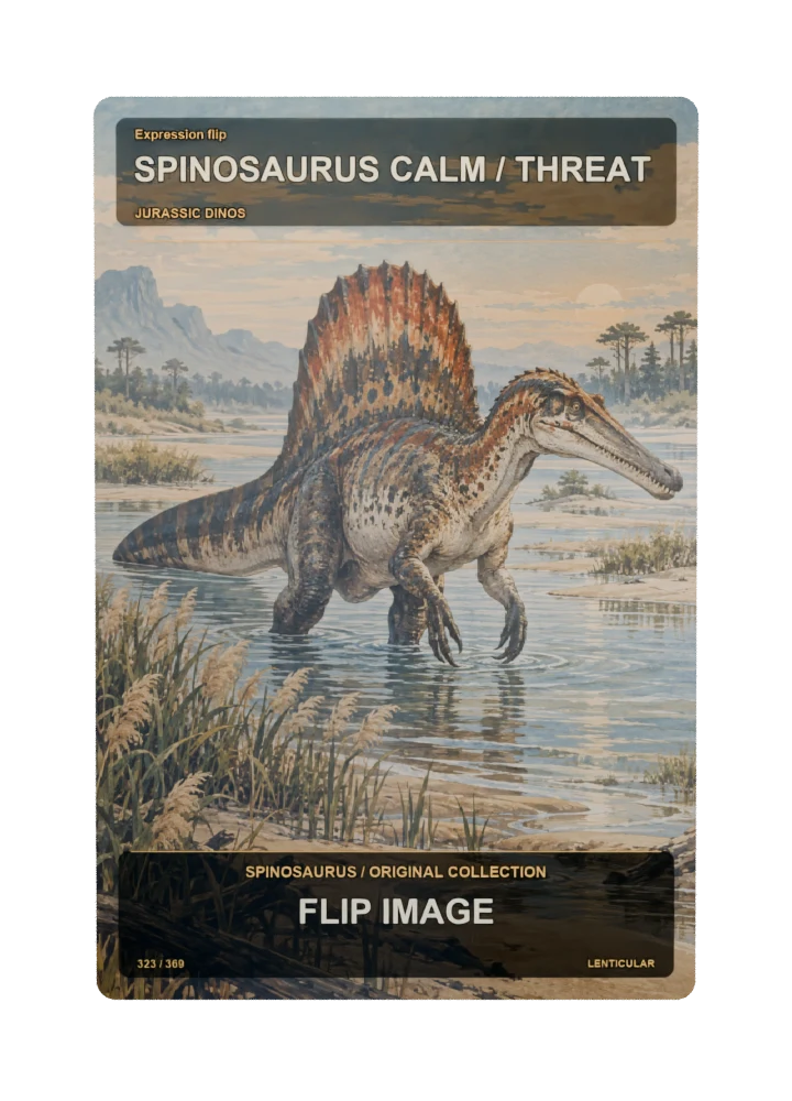 Spinosaurus expression flip collectible card with two angle-dependent artwork states