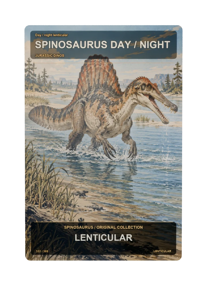 Spinosaurus day / night lenticular collectible card with two angle-dependent artwork states