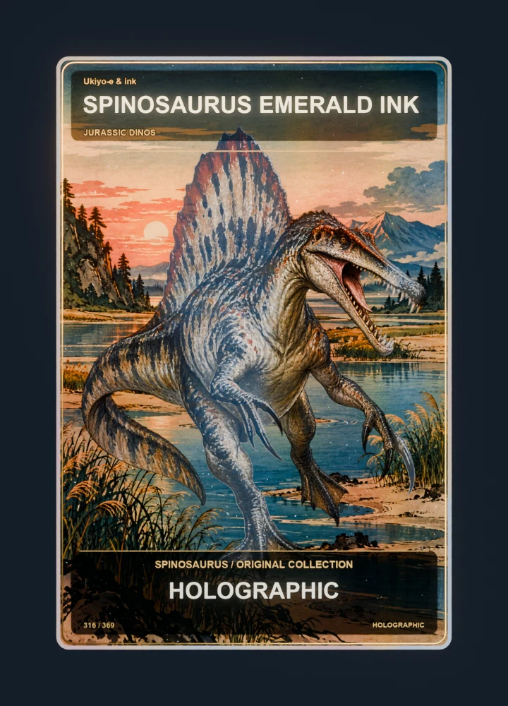 Spinosaurus ukiyo-e & ink collectible card with holographic foil