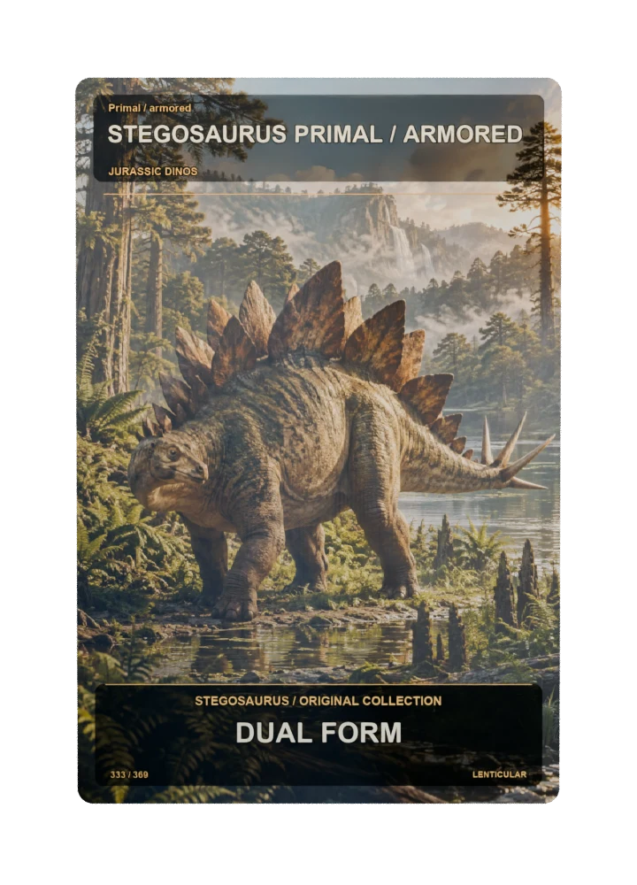 Stegosaurus primal / armored collectible card with two angle-dependent artwork states