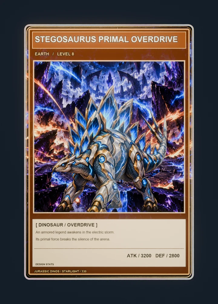 Stegosaurus anime battle collectible card with holographic foil