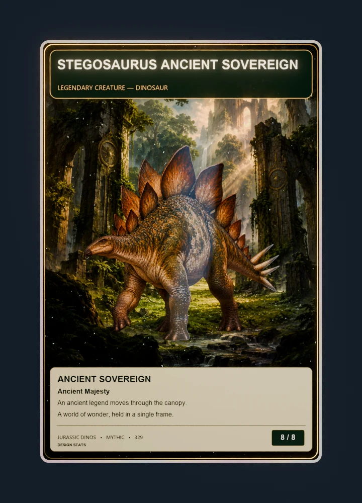 Stegosaurus fantasy oil painting collectible card with holographic foil