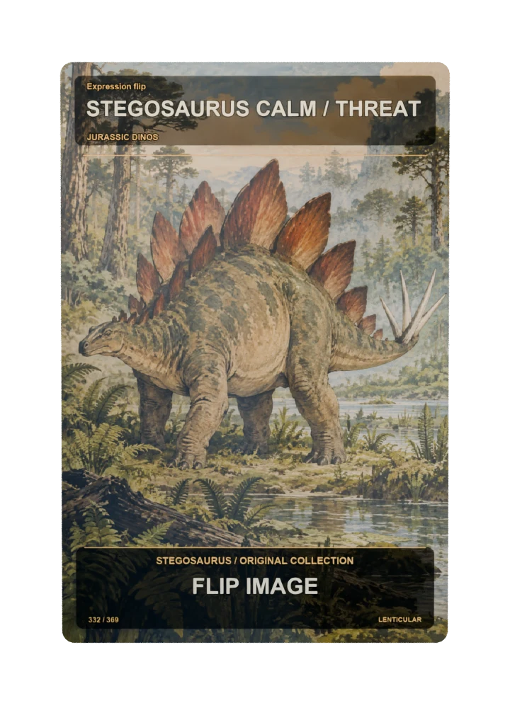 Stegosaurus expression flip collectible card with two angle-dependent artwork states