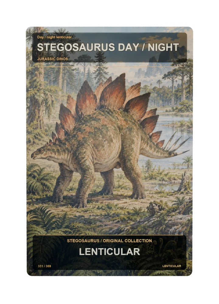 Stegosaurus day / night lenticular collectible card with two angle-dependent artwork states