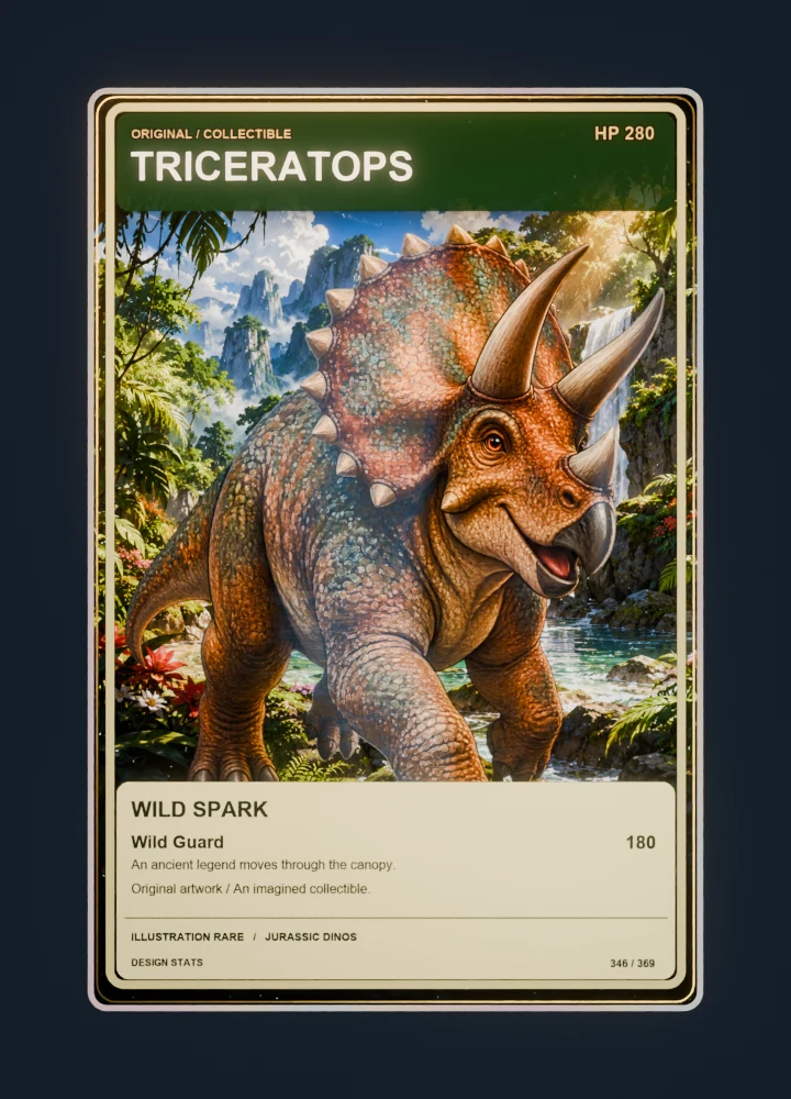 Triceratops full-art collection collectible card with holographic foil
