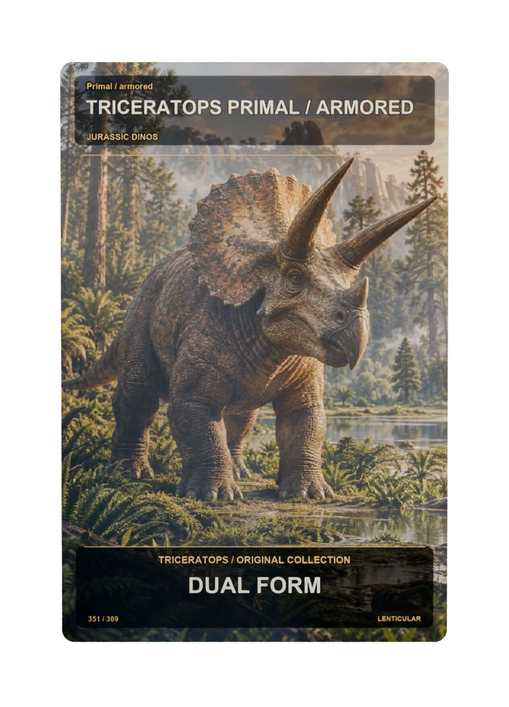 Triceratops primal / armored collectible card with two angle-dependent artwork states