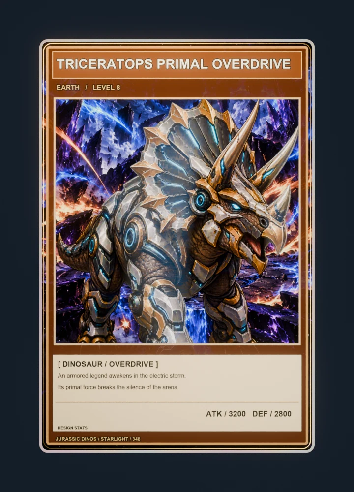 Triceratops anime battle collectible card with holographic foil