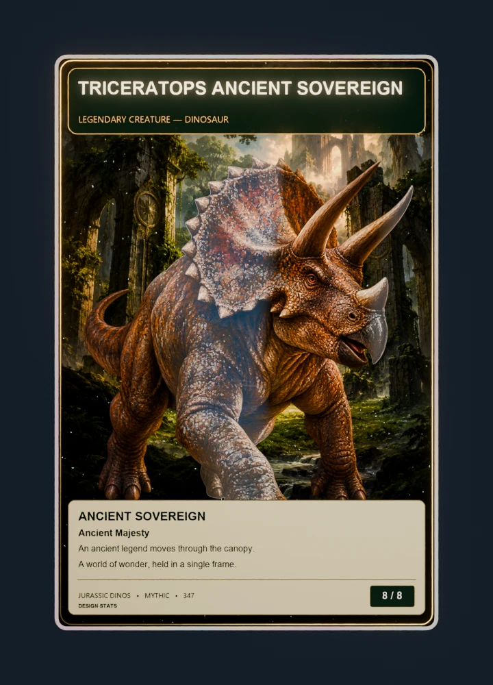 Triceratops fantasy oil painting collectible card with holographic foil
