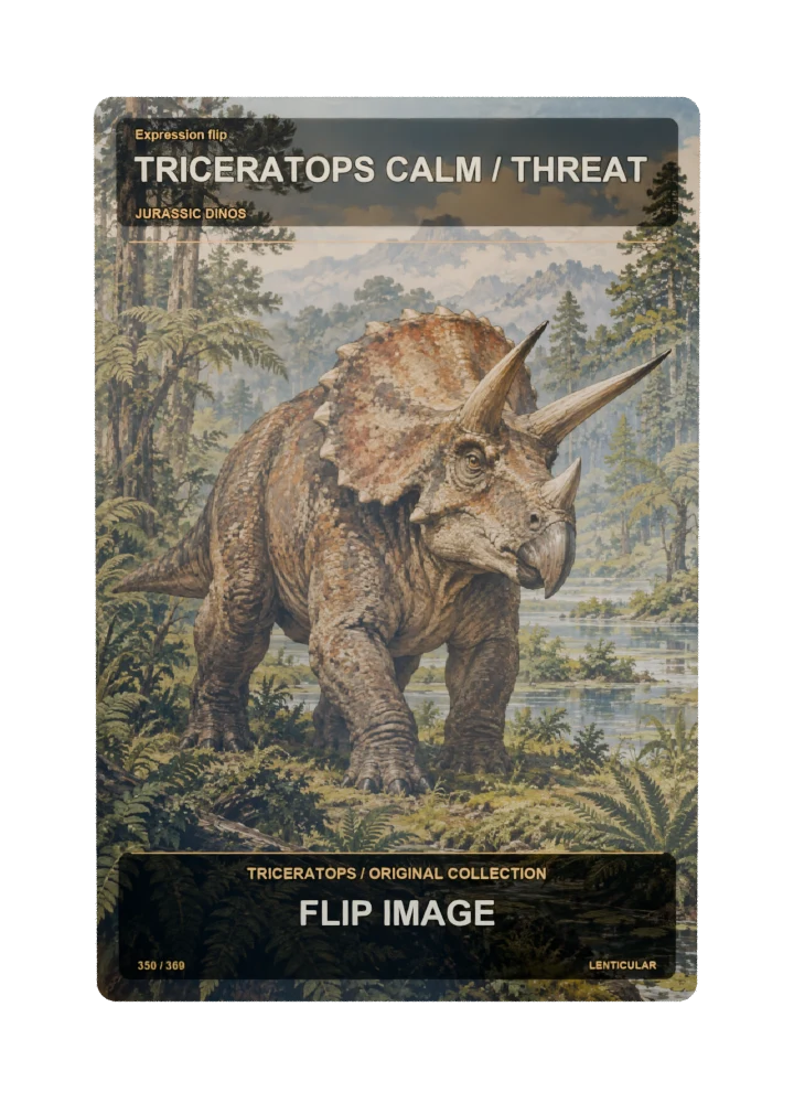 Triceratops expression flip collectible card with two angle-dependent artwork states