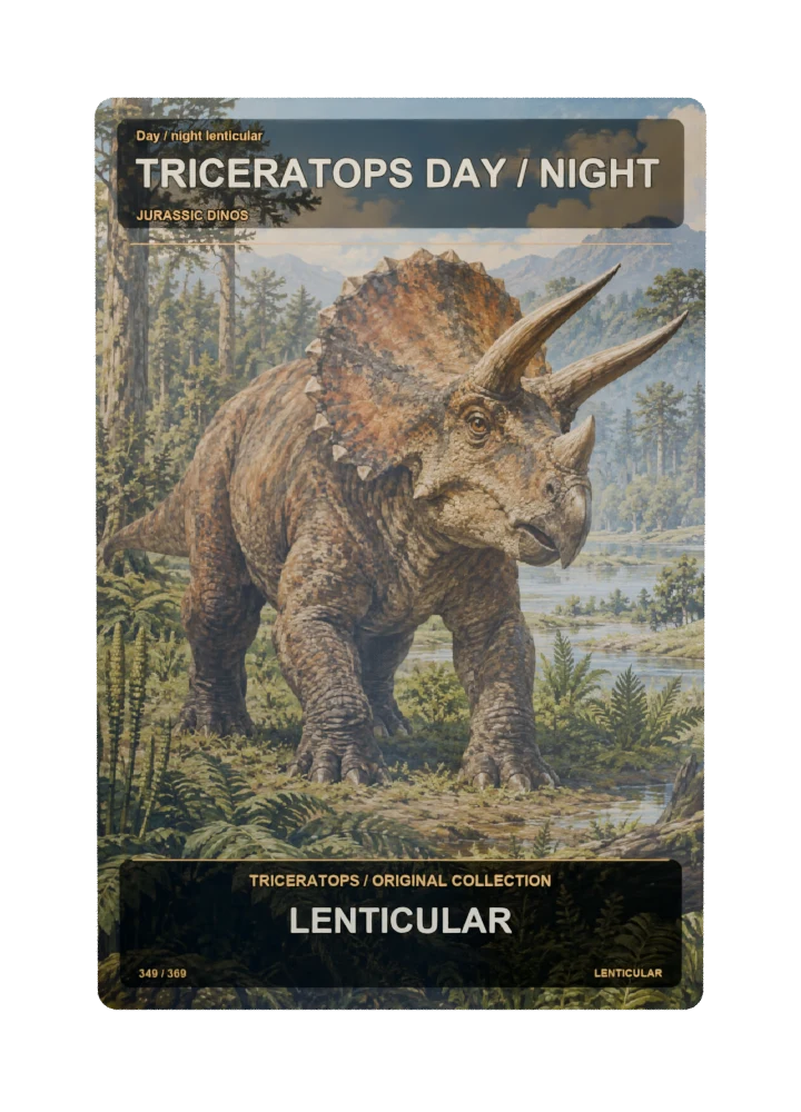 Triceratops day / night lenticular collectible card with two angle-dependent artwork states