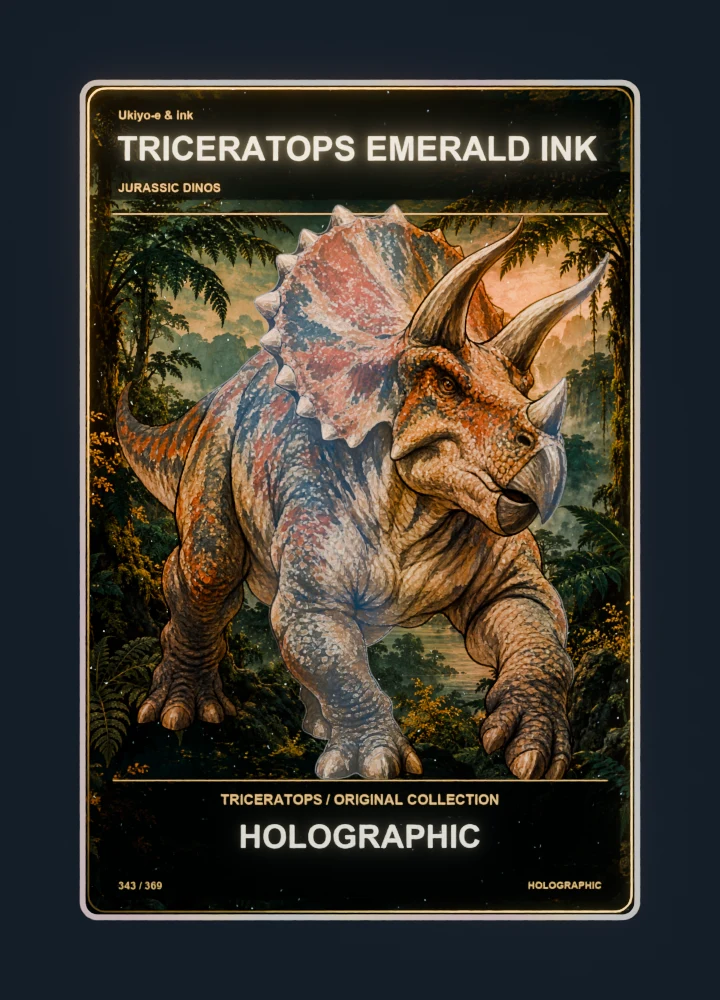 Triceratops ukiyo-e & ink collectible card with holographic foil