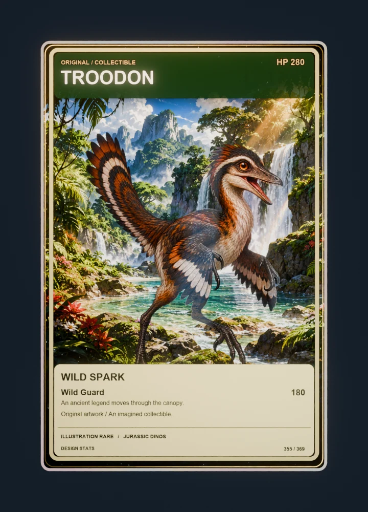 Troodon full-art collection collectible card with holographic foil