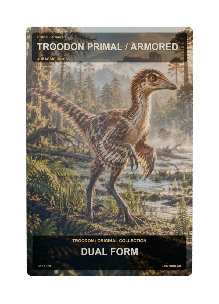 Troodon primal / armored collectible card with two angle-dependent artwork states