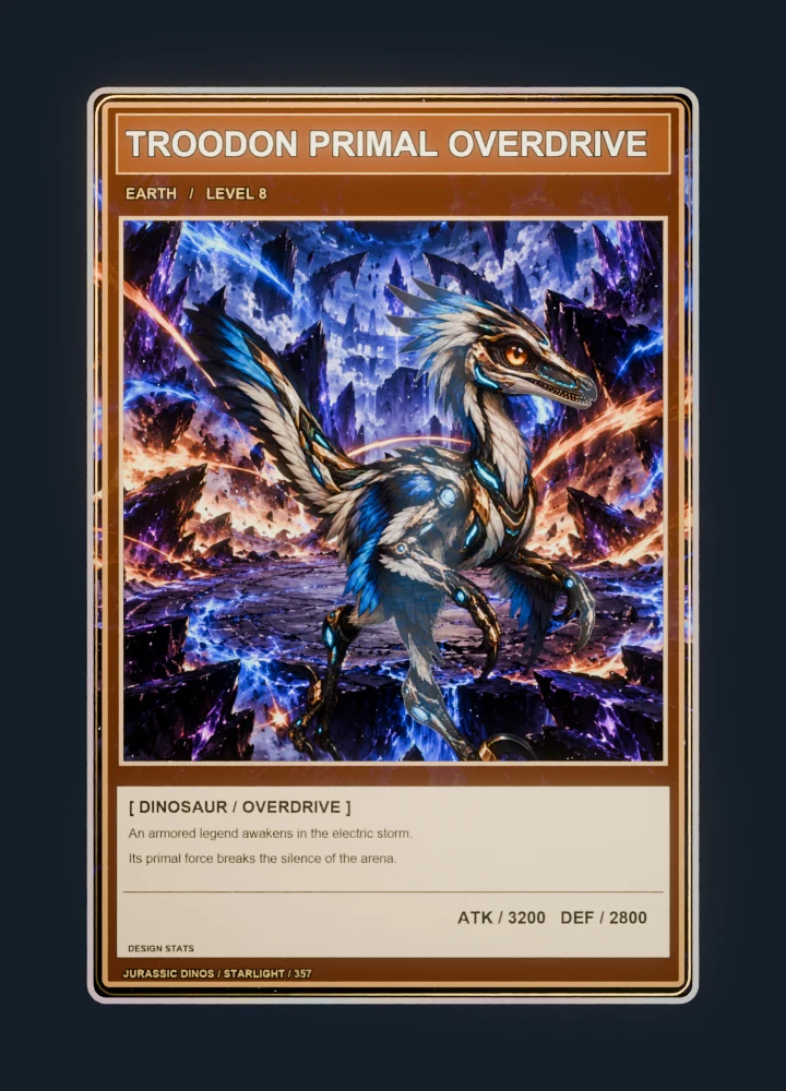 Troodon anime battle collectible card with holographic foil