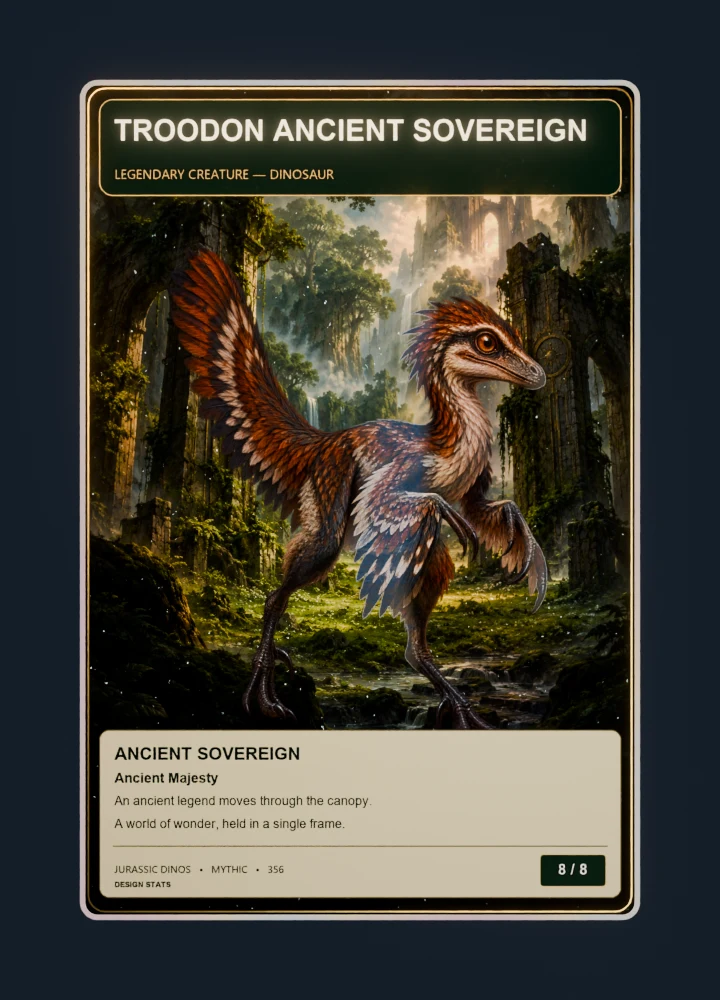 Troodon fantasy oil painting collectible card with holographic foil