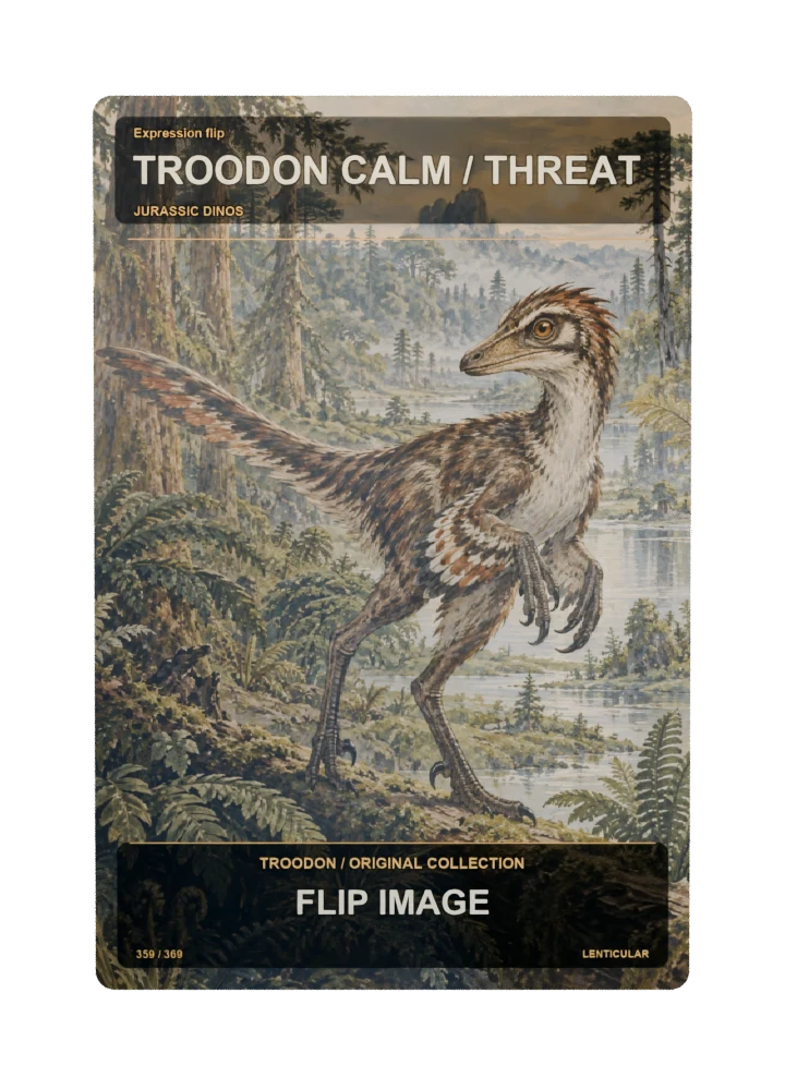 Troodon expression flip collectible card with two angle-dependent artwork states