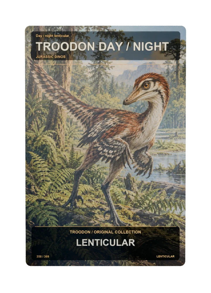 Troodon day / night lenticular collectible card with two angle-dependent artwork states