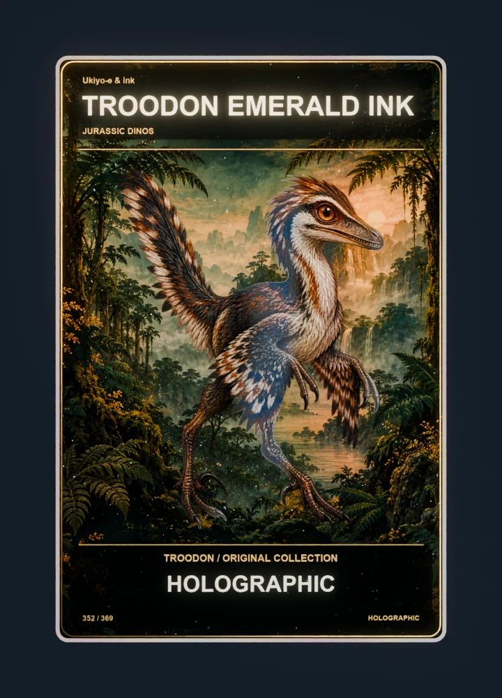 Troodon ukiyo-e & ink collectible card with holographic foil