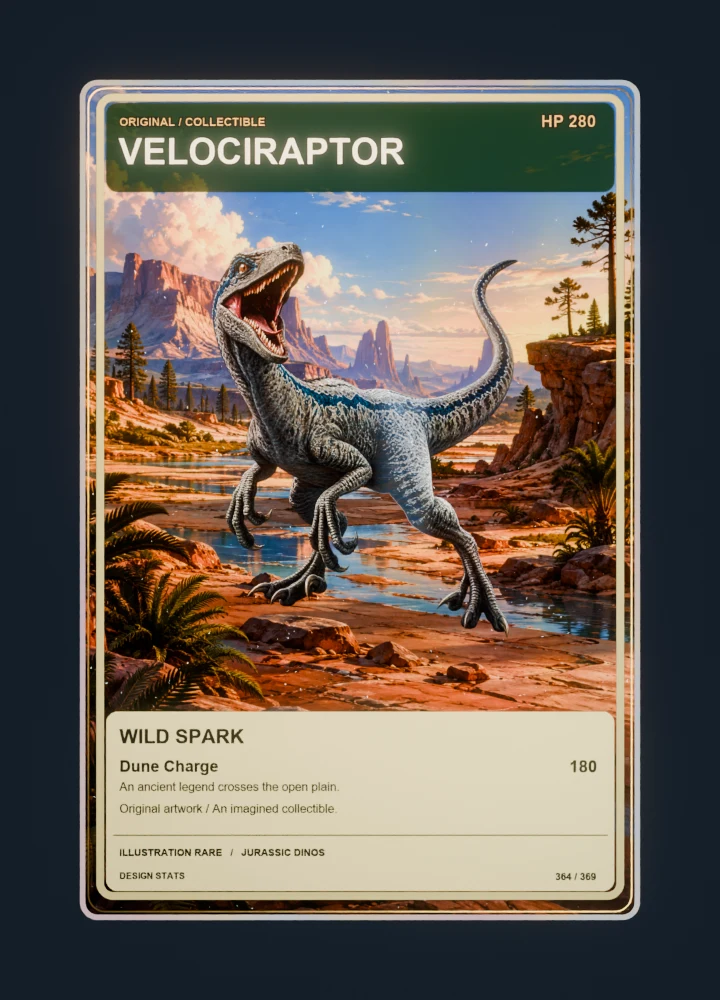 Velociraptor full-art collection collectible card with holographic foil