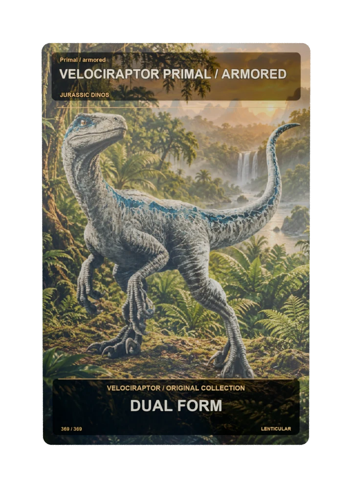 Velociraptor primal / armored collectible card with two angle-dependent artwork states