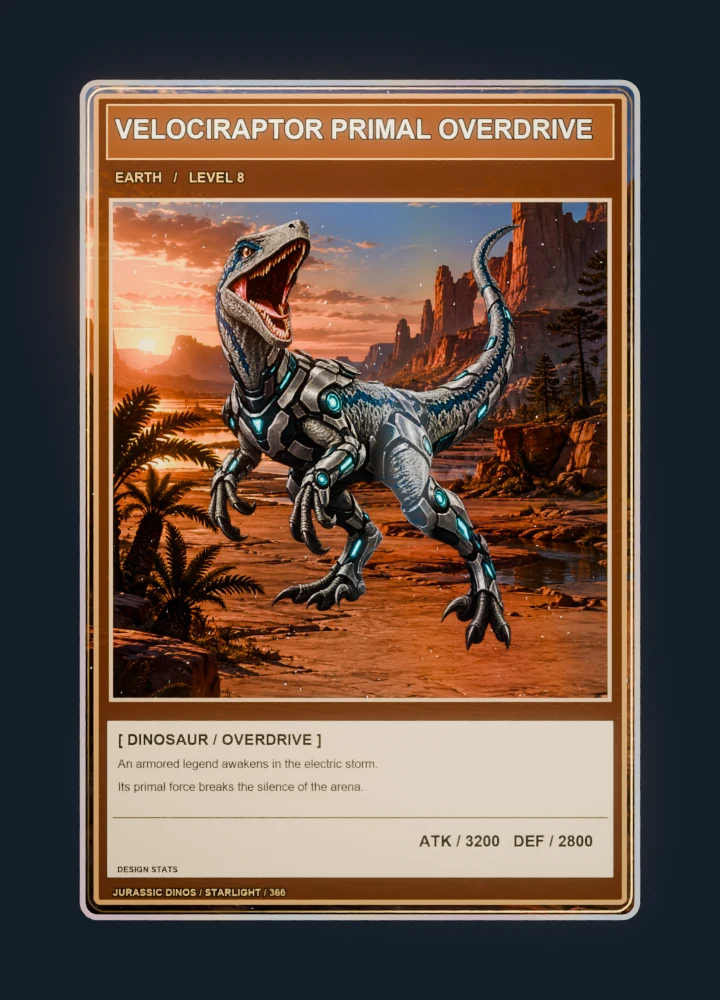 Velociraptor anime battle collectible card with holographic foil