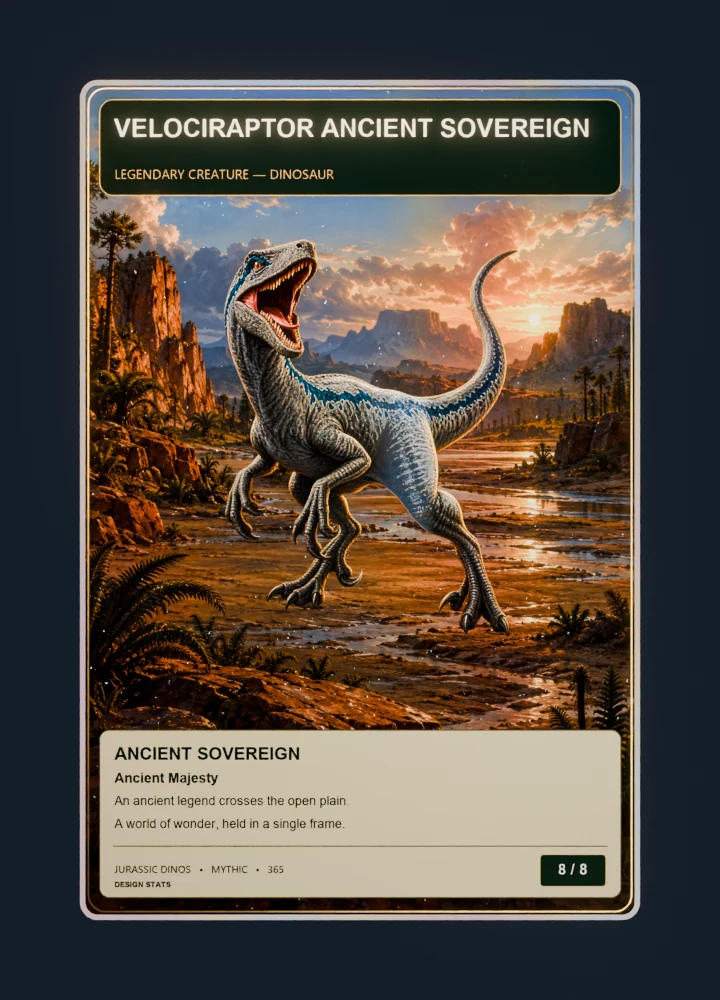 Velociraptor fantasy oil painting collectible card with holographic foil