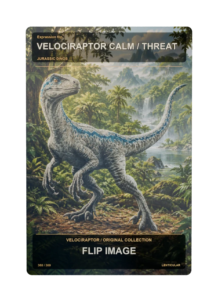 Velociraptor expression flip collectible card with two angle-dependent artwork states
