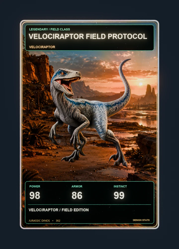 Velociraptor realistic 3d game collectible card with holographic foil