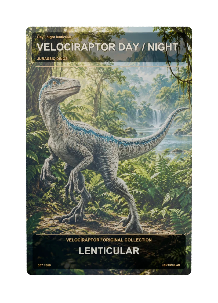 Velociraptor day / night lenticular collectible card with two angle-dependent artwork states