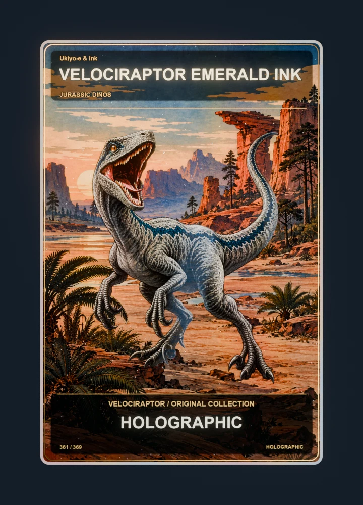 Velociraptor ukiyo-e & ink collectible card with holographic foil