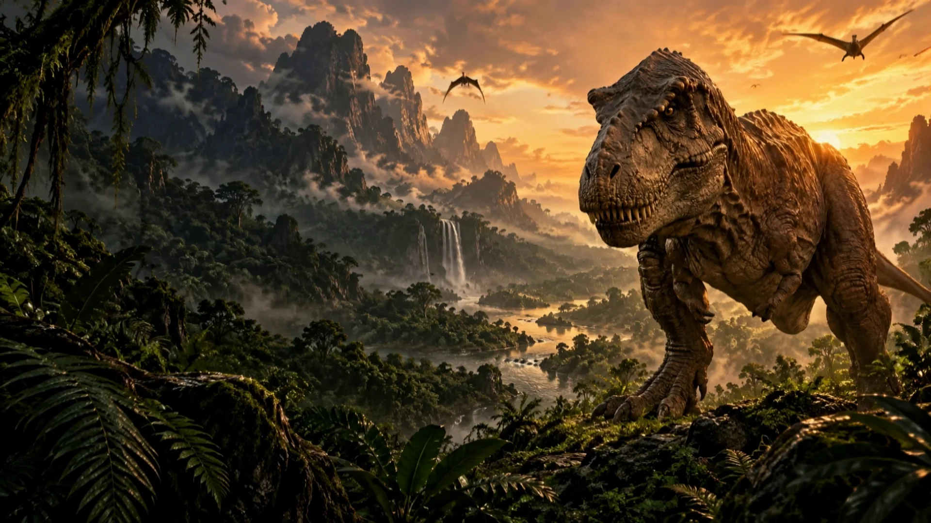 An artistic reconstruction of Tyrannosaurus watching a prehistoric valley at sunset