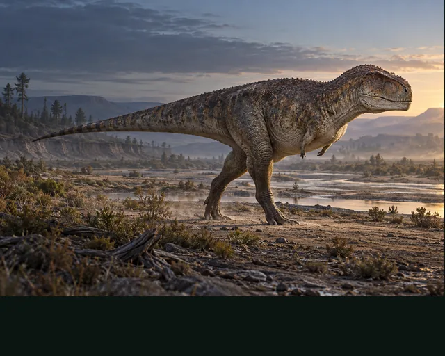 Abelisaurus in a prehistoric landscape — AI-generated artistic interpretation