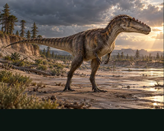 Alioramus in a prehistoric landscape — AI-generated artistic interpretation