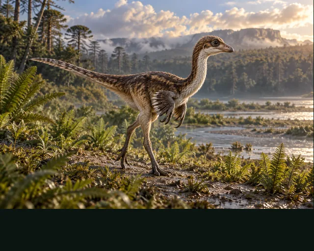 Alvarezsaurus in a prehistoric landscape — AI-generated artistic interpretation