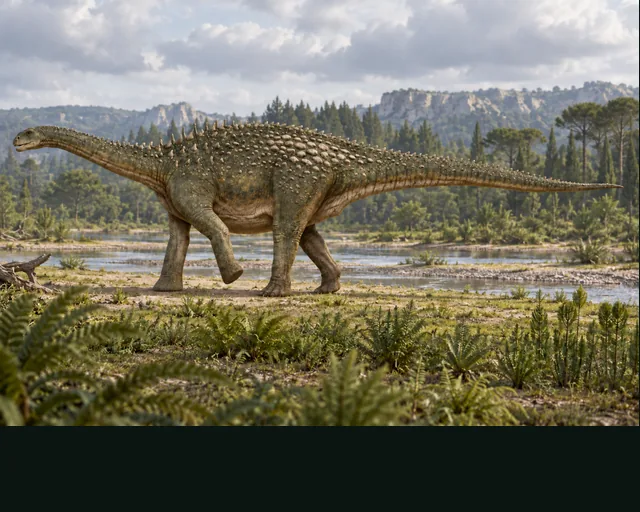 Artistic reconstruction of Ampelosaurus in a prehistoric landscape