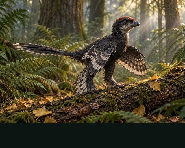 Anchiornis in a prehistoric landscape — AI-generated artistic interpretation