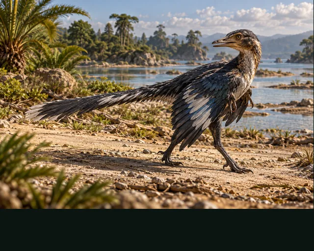 Archaeopteryx in a prehistoric landscape — AI-generated artistic interpretation