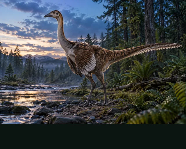 Archaeornithomimus in a prehistoric landscape — AI-generated artistic interpretation